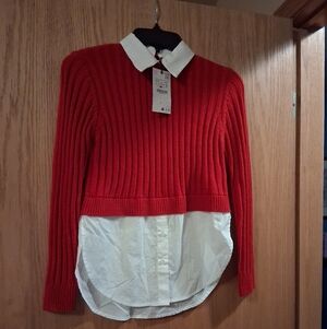 Zara combination knit poplin shirt, Red Ribbed. White Mock Shirt